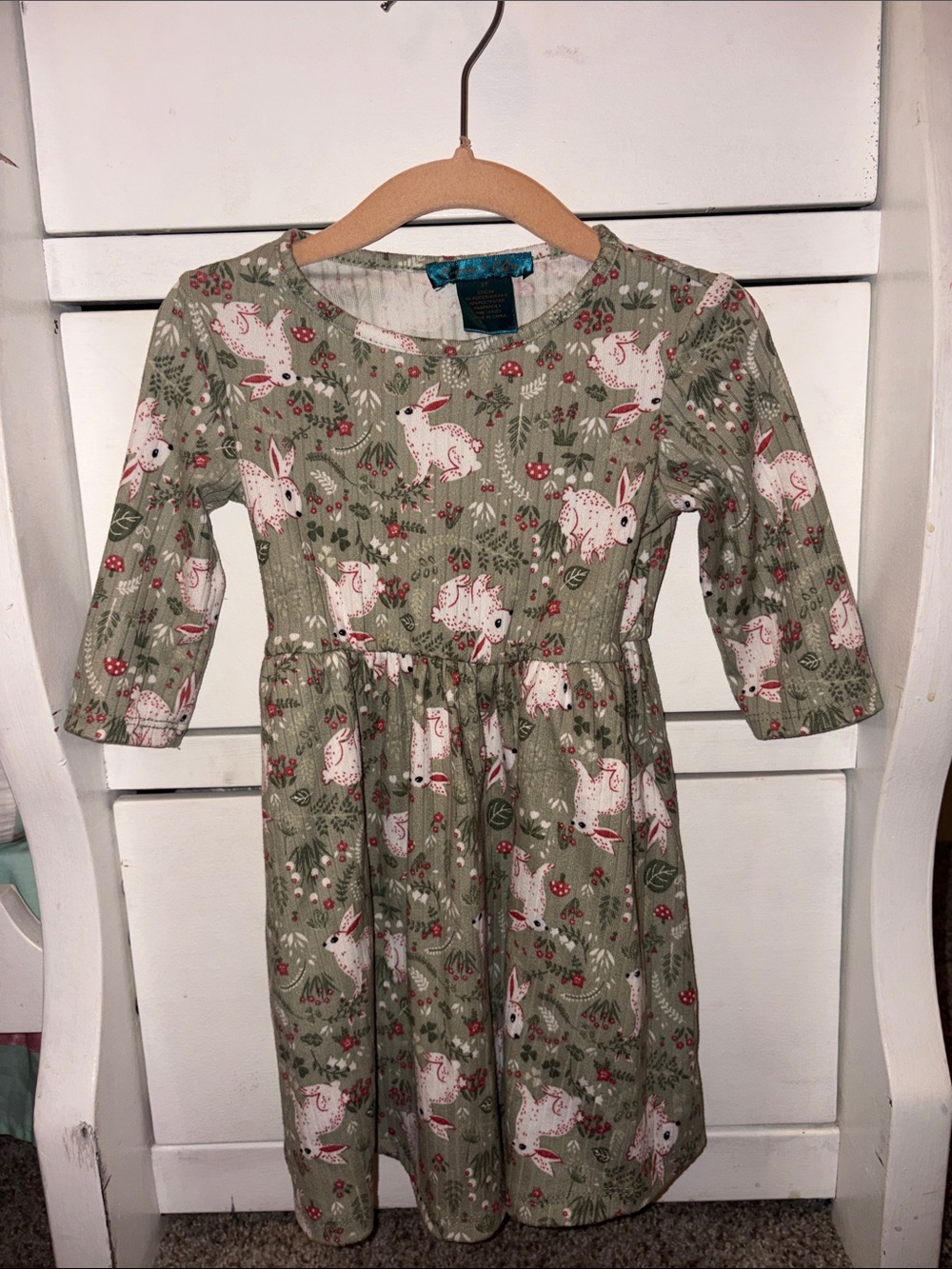 Emma & Sam Olive Green Bunny Pattern Dress with Pink and Red Accents